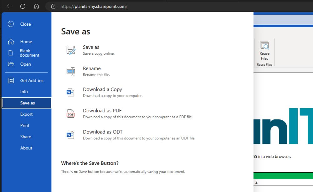 Office 365 Word Save As options