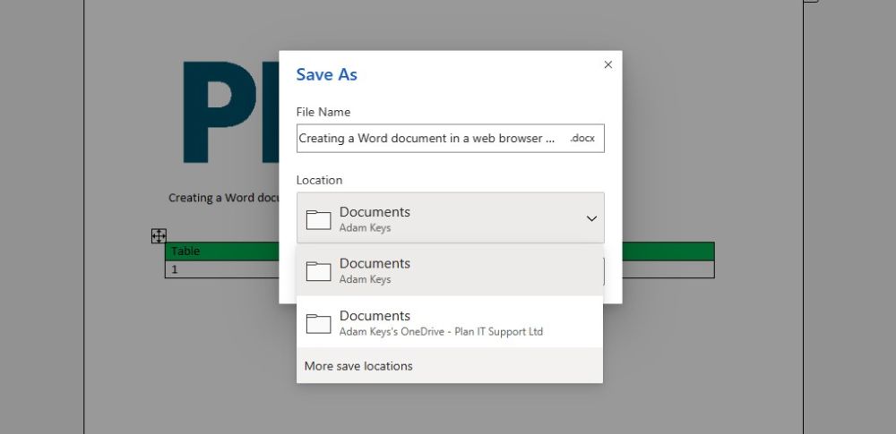 Office 365 Word Save As dialogue box