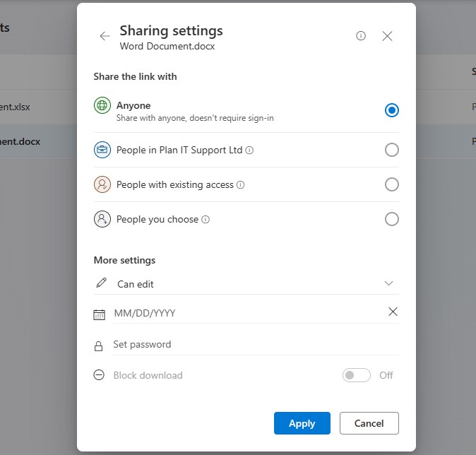 Sharing settings in OneDrive