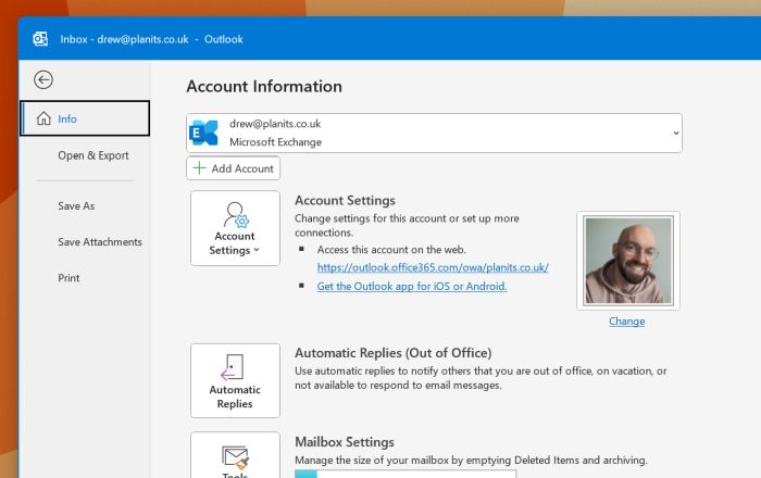 Account Information in Outlook