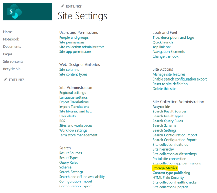 Storage Metrics in Site Settings