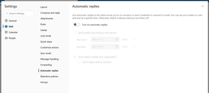 Outlook Automatic replies browser